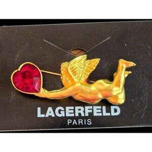 Gold Cupid Brooch Pin With Red Heart Gem By Karl Lagerfeld Paris Vintage Design